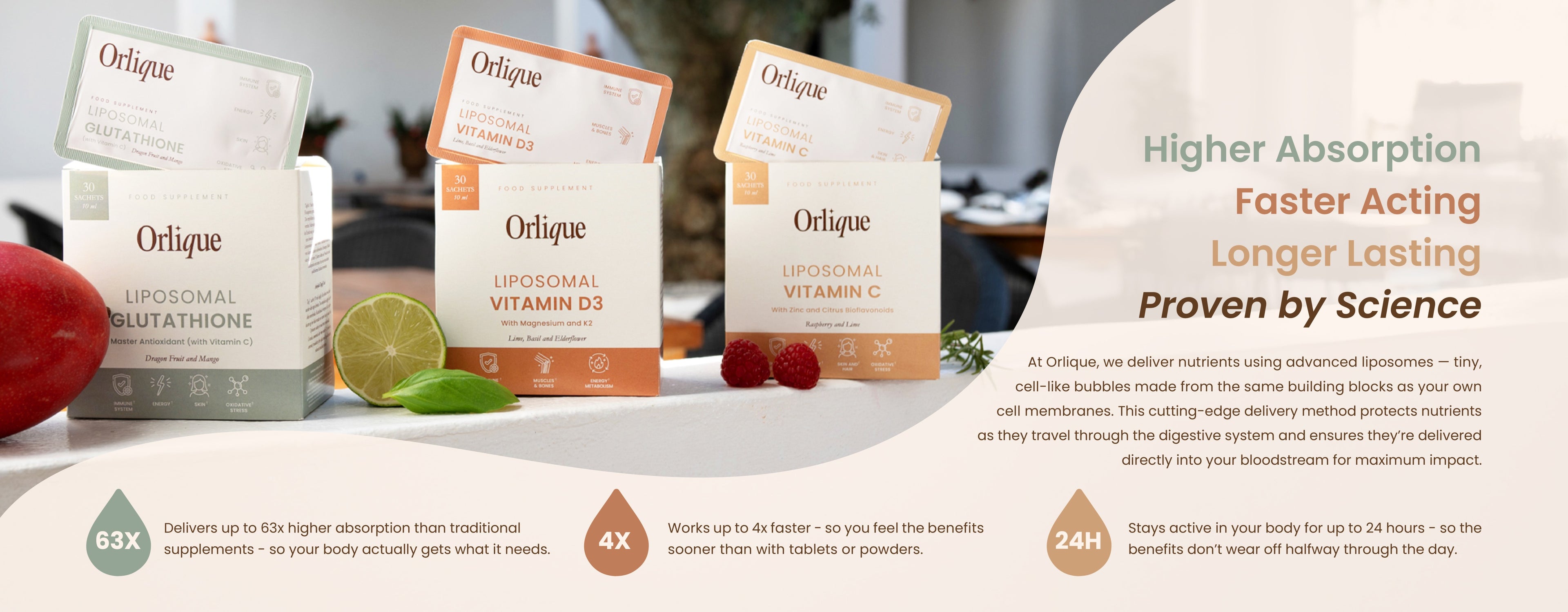 Orliqve supplement packages with ingredients and promotional text on a white background