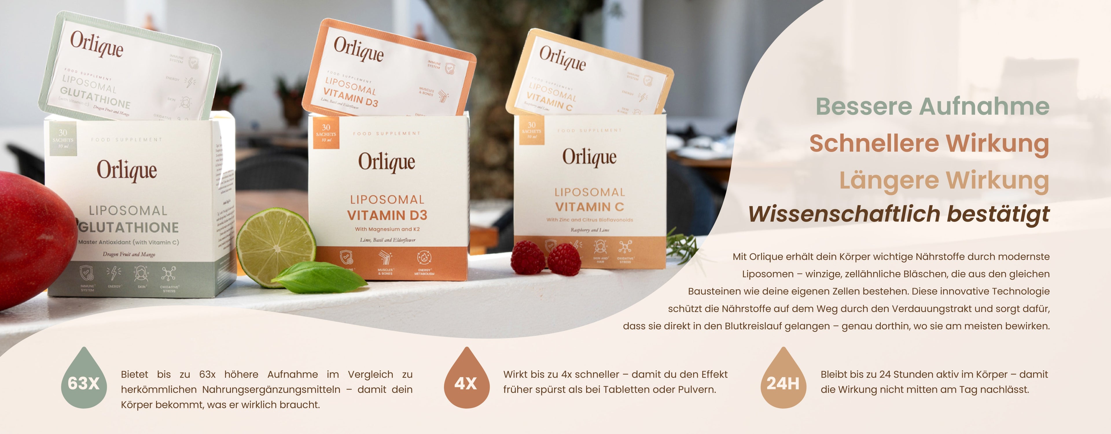 Orliqve supplement packages on a table with fruits and a white plate.